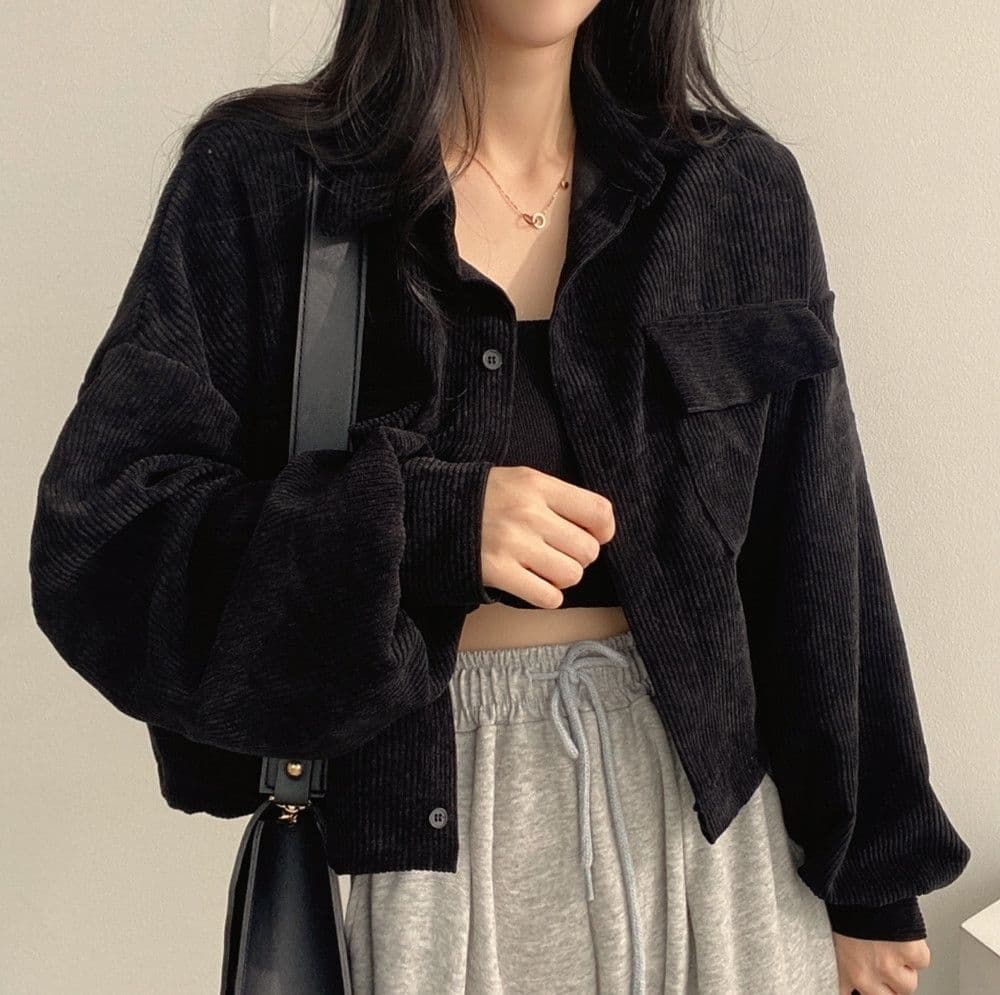한국 chic 봄 가을 프랑스식 레트로 다용도 단추 폴로 칼라 쇼트 스타일 코듀로이 셔츠 긴팔 여성 코트 펌프 로프 상세 이미지 35