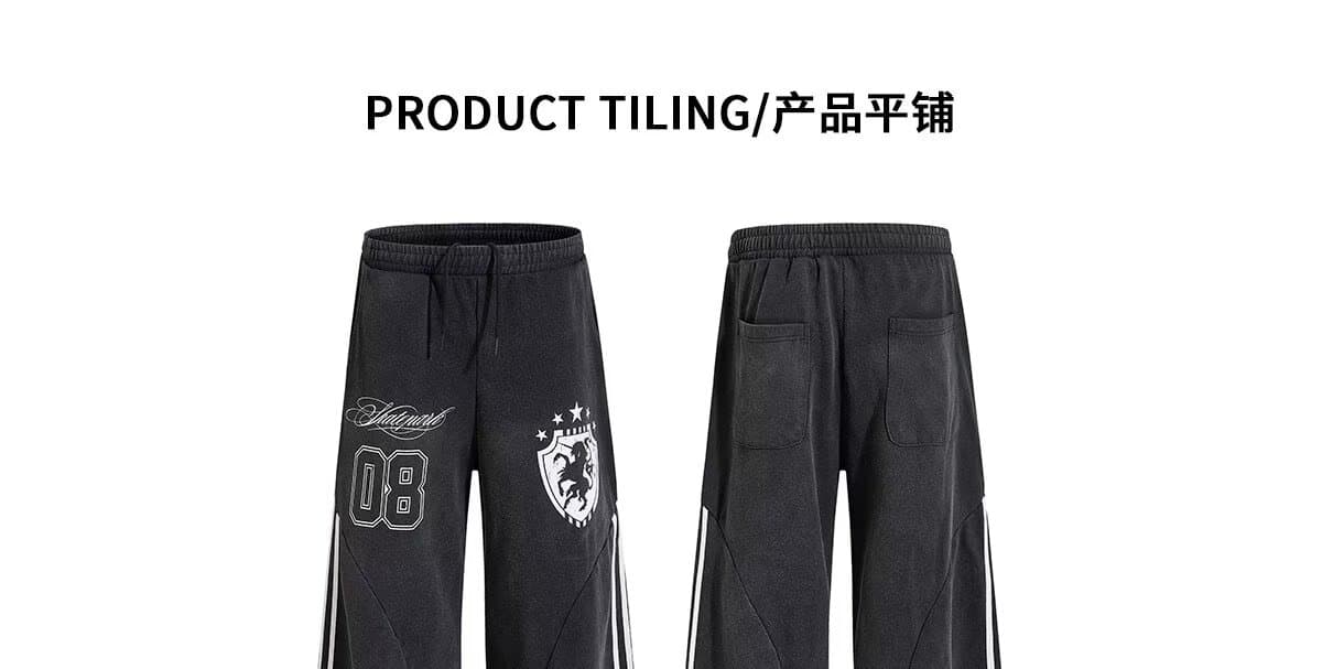 프린트 해체 3개 바 패치워크 순수한 Mianhua 면 징 루즈핏 스트레이트 긴 바지 레트로 거리 캐주얼 웨이 바지 상세 이미지 2