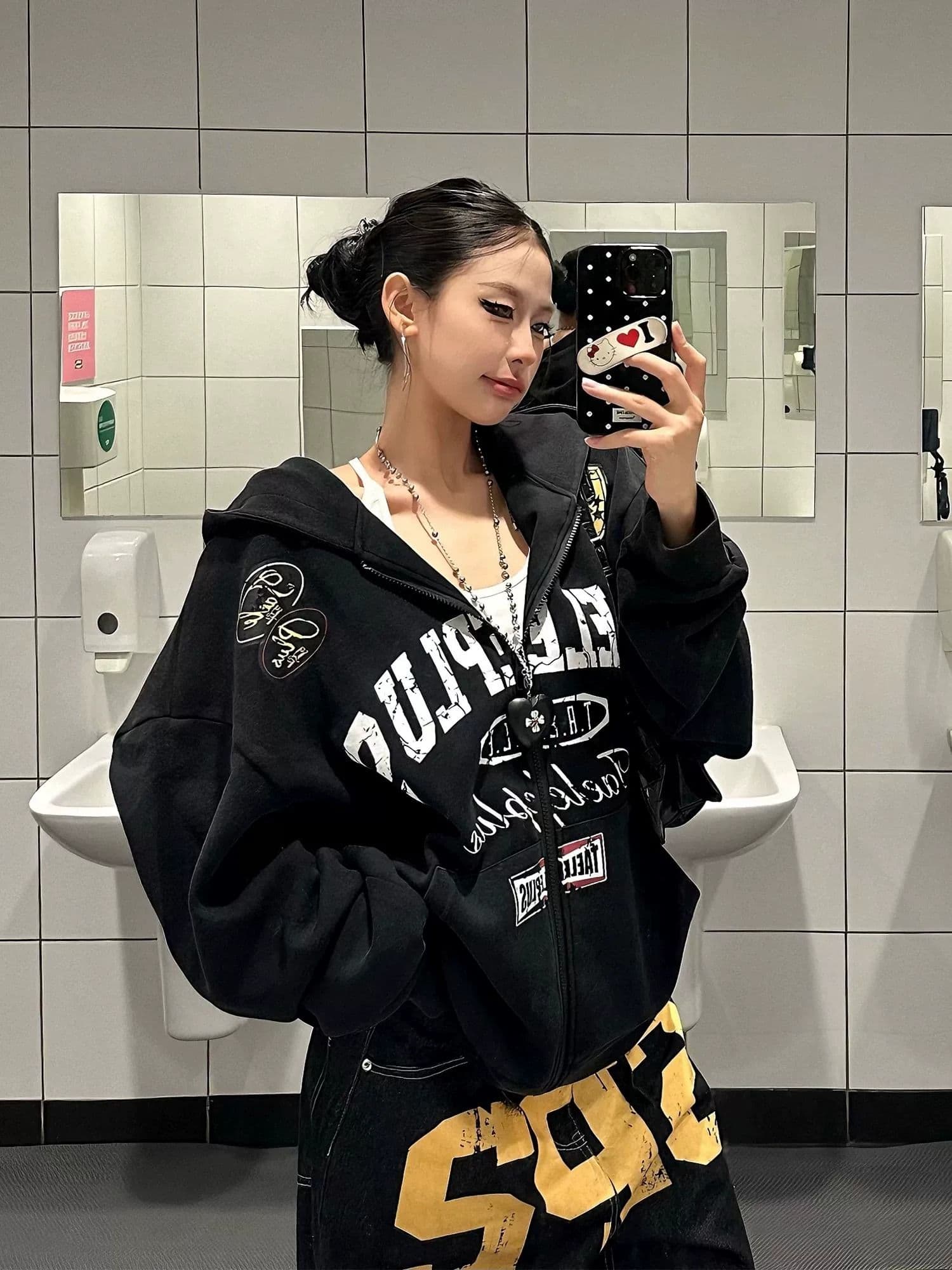 아메리칸 국가 트렌디 레트로 알파벳 프린트 후드 오픈 가디건 후드티 남녀 가을 루즈핏 다용도 캐주얼 지퍼 재킷 상세 이미지 7