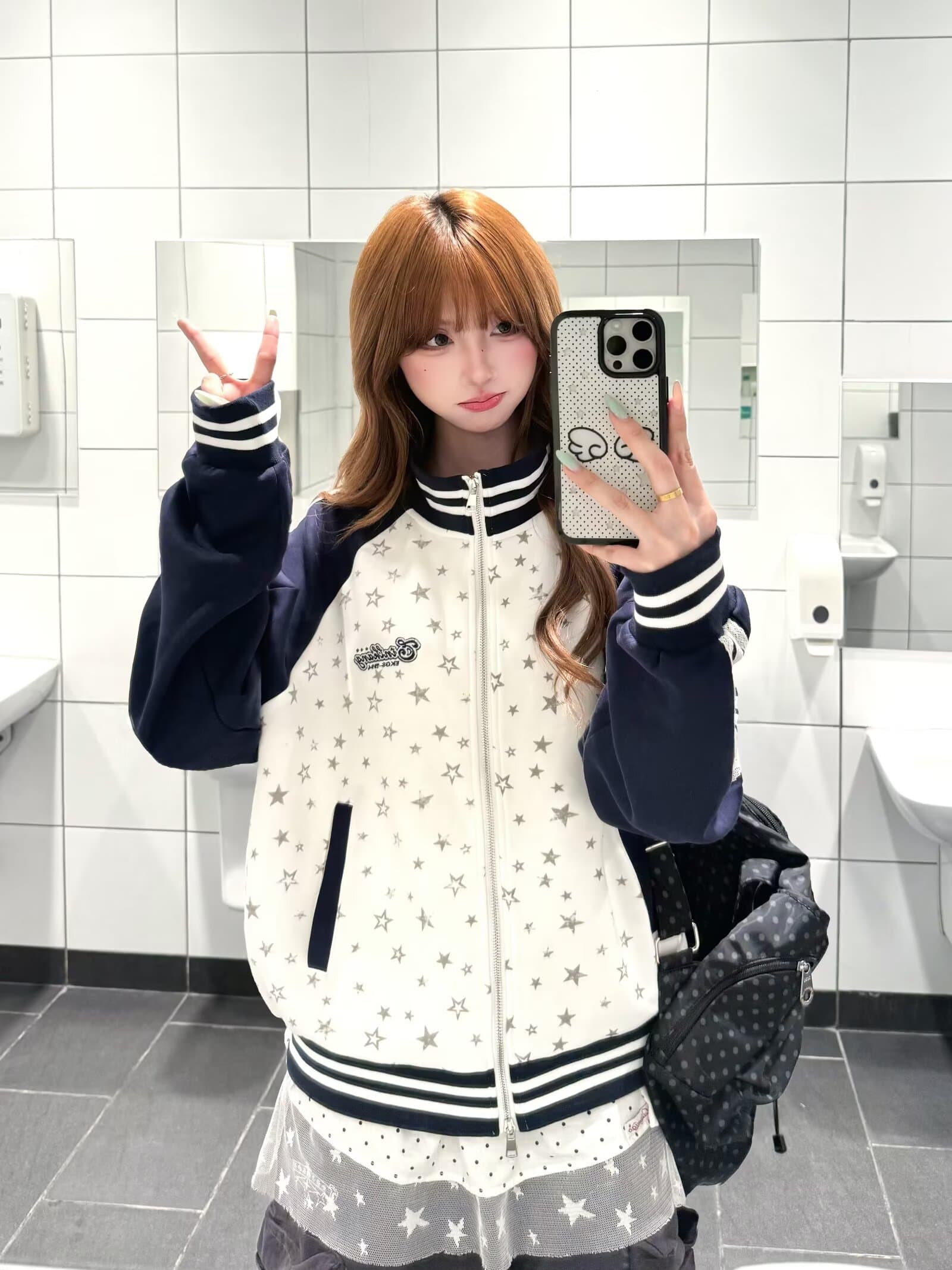 아메리칸 레트로 스트라이프 배색 삽입 어깨 소매 별 프린트 루즈핏 학원 스타일 스탠드 칼라 재킷 여성 코트 이미지 2