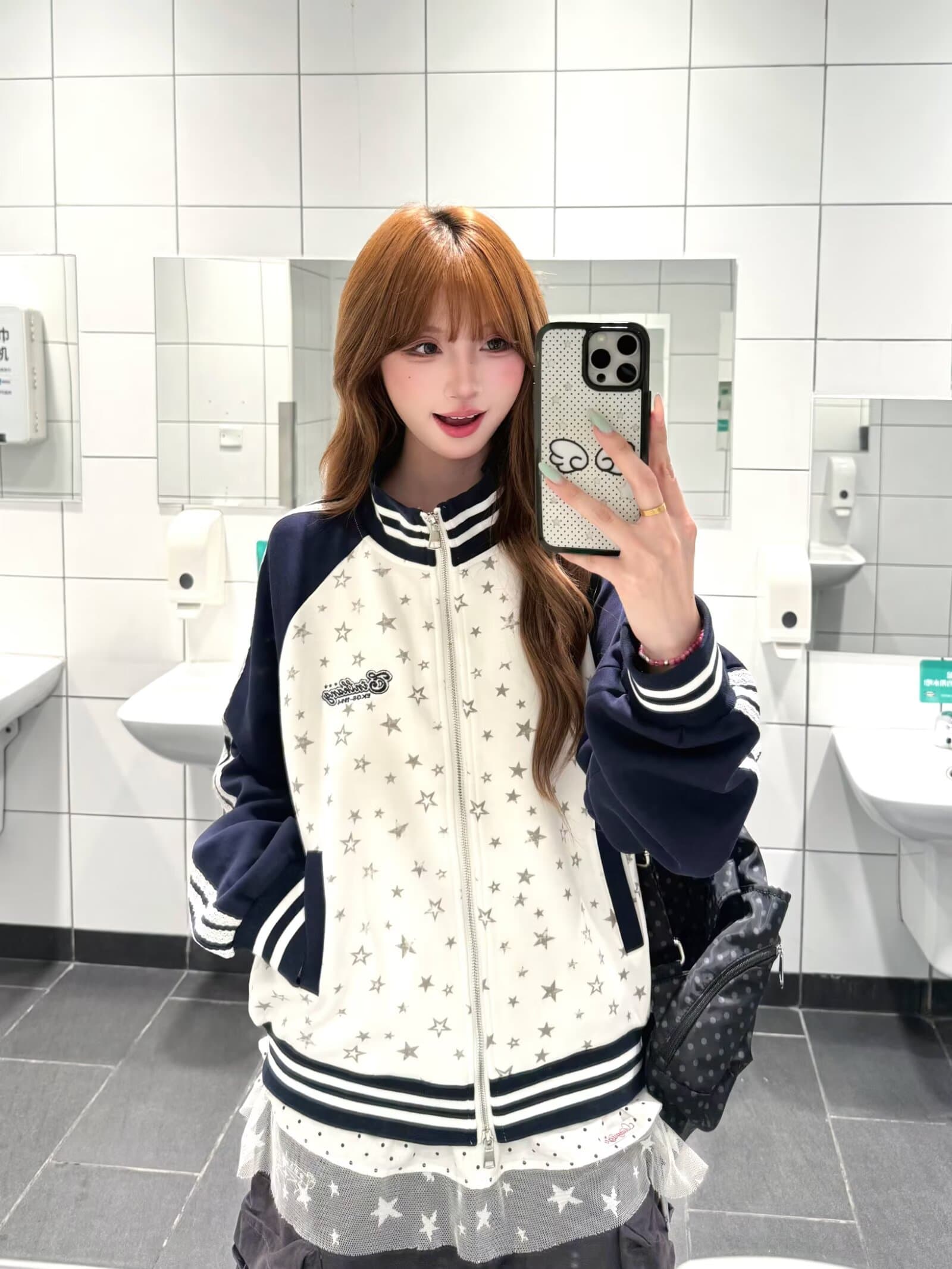 아메리칸 레트로 스트라이프 배색 삽입 어깨 소매 별 프린트 루즈핏 학원 스타일 스탠드 칼라 재킷 여성 코트 상세 이미지 5