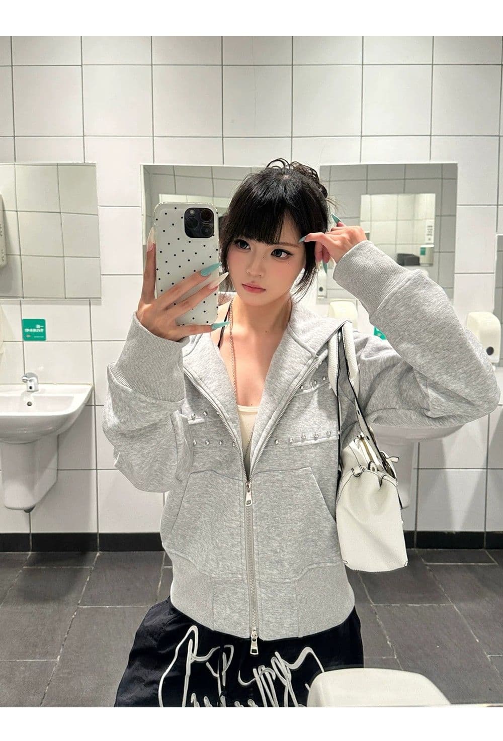 아메리칸 트렌디 Kurtosis 레트로 거리 비즈 박기 디자인 오픈 가디건 후드 티 스웨터 패션 트렌드 쇼트 스타일 지퍼 재킷 상세 이미지 4