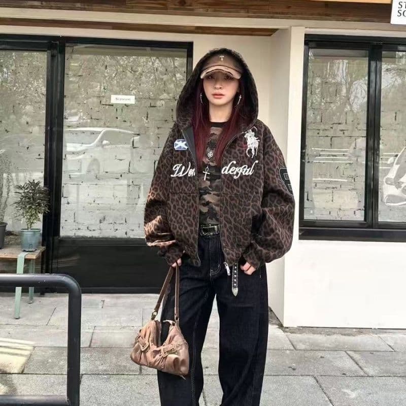 순수한 Mianhua 면 얇은 스타일 자수 레오파드 무늬 얇은 스타일 알파벳 후드 티 스웨터 카디건 코트 아메리칸 레트로 센스 상세 이미지 4
