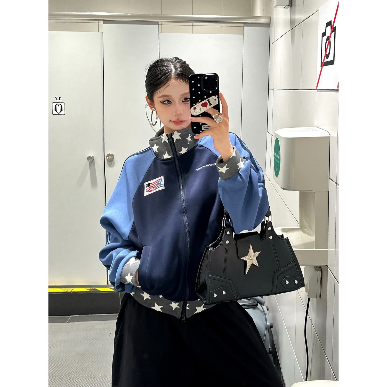 아메리칸 레트로 별 스탠드 칼라 후드티 재킷 운동 오픈 가디건 남녀 가을 패치워크 배색 루즈핏 맨위 이미지 3