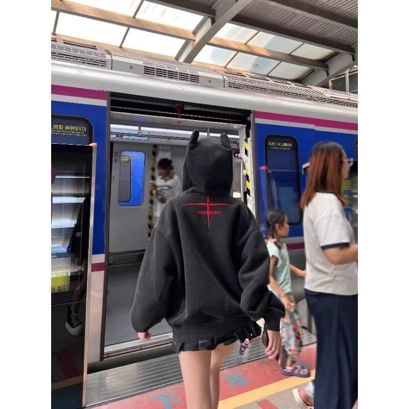 아메리칸 레트로 십자가 자수 후드 프로필 모양 후드티 남녀 가을 거리 루즈핏 오픈 가디건 boxy 재킷 맨위 이미지 5