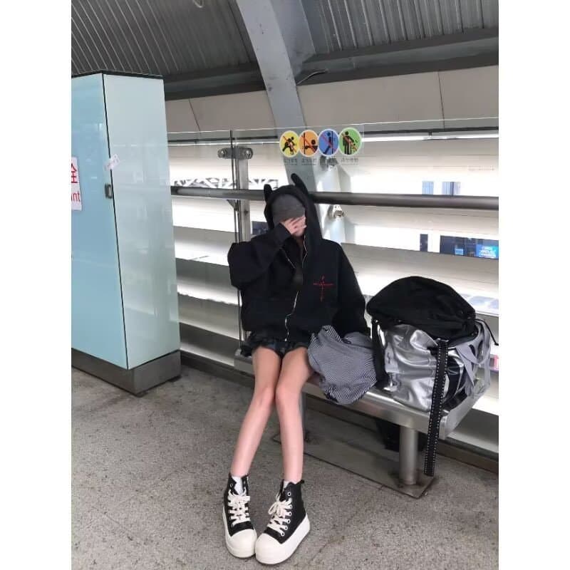 아메리칸 레트로 십자가 자수 후드 프로필 모양 후드티 남녀 가을 거리 루즈핏 오픈 가디건 boxy 재킷 맨위 이미지 3
