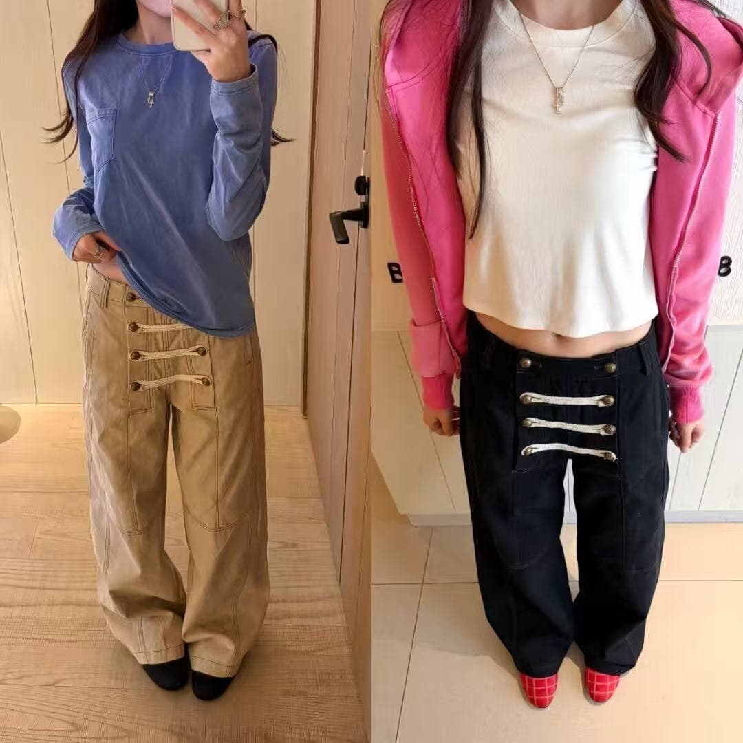 아메리칸 레트로 이중 버튼 해체 와이드 레깅스 바지 검정색 루즈핏 스트레이트 캐주얼 다용도 핫걸 긴 바지 상세 이미지 2