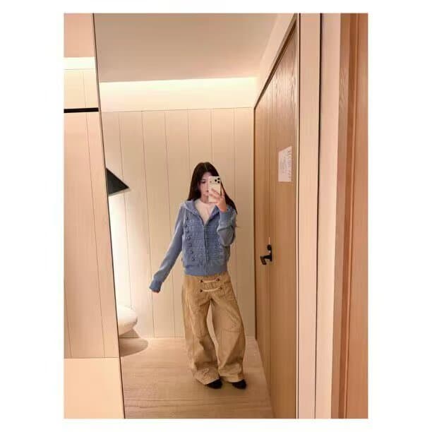 아메리칸 레트로 이중 버튼 해체 와이드 레깅스 바지 검정색 루즈핏 스트레이트 캐주얼 다용도 핫걸 긴 바지 상세 이미지 3