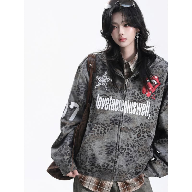 높음 거리 이문화 거리 레오파드 무늬 후드티 여성 코트 록 알파벳 프린트 루즈핏 bf 맨위 이미지 4