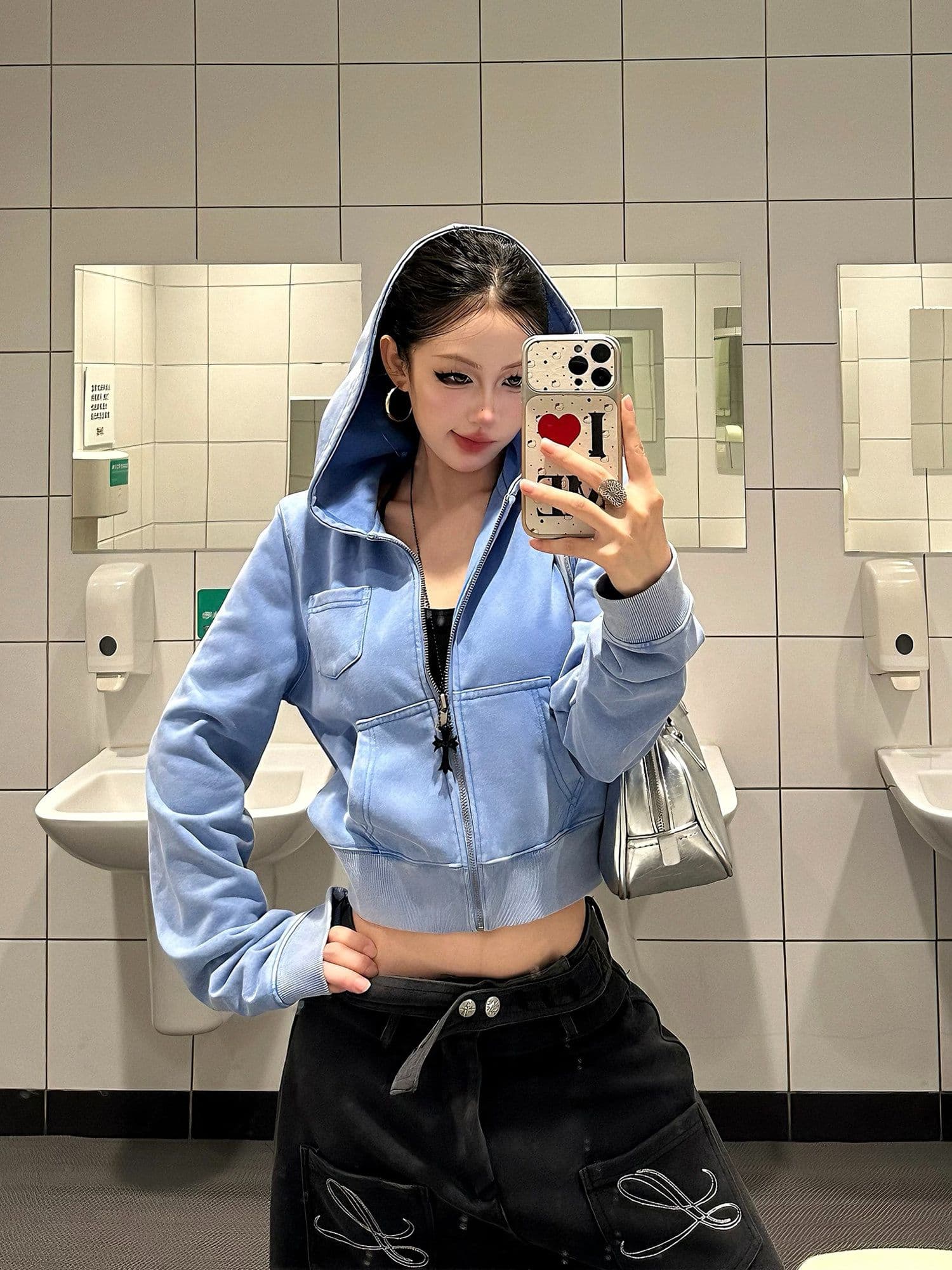 후아 면 마 오래된 공예 아메리칸 레트로 워싱 파란색 지퍼 후드 티 스웨터 여성 가을 재킷 상세 이미지 5