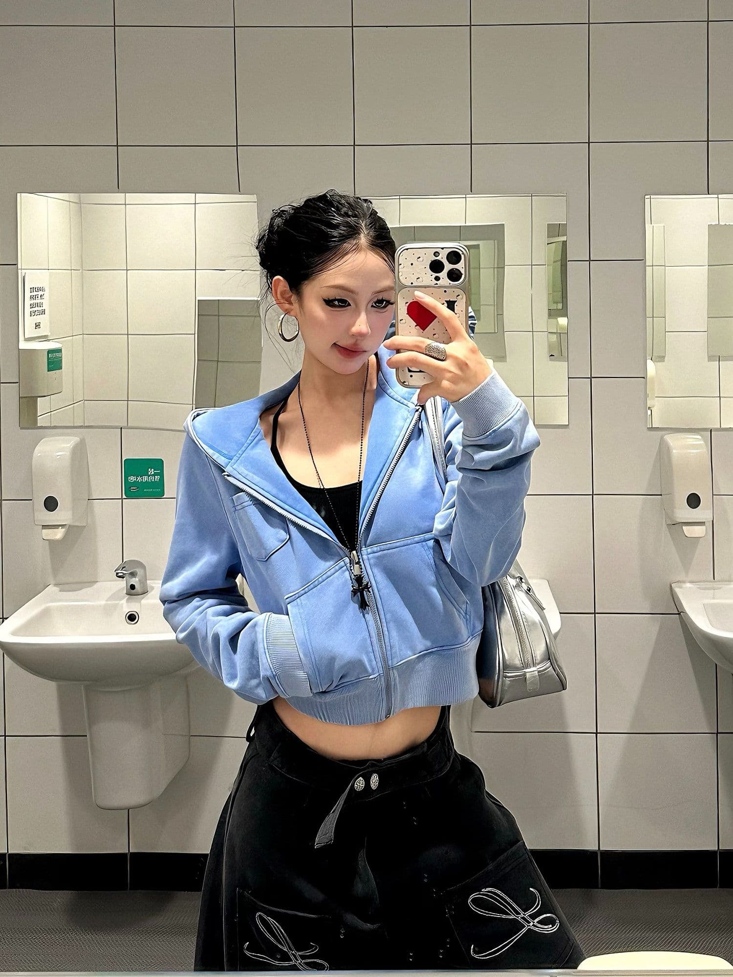 후아 면 마 오래된 공예 아메리칸 레트로 워싱 파란색 지퍼 후드 티 스웨터 여성 가을 재킷 상세 이미지 6