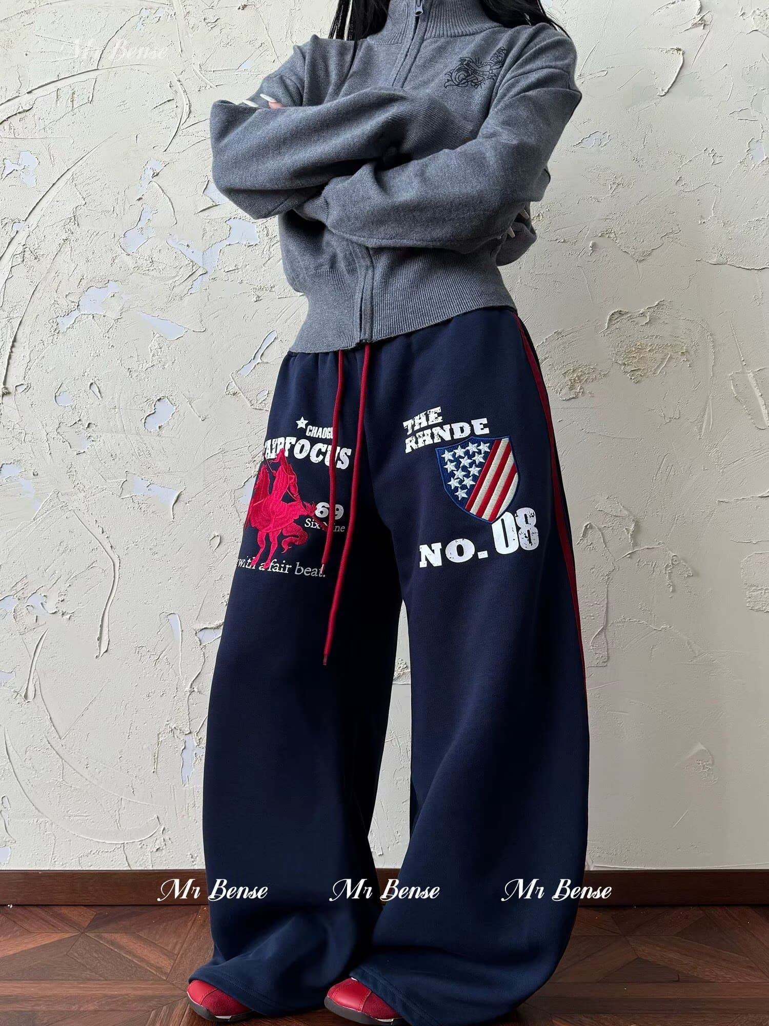 아메리칸 전쟁 말 자수 허리밴드 운동 웨이 바지 남녀 루즈핏 스트레이트 다용도 baggy 바지