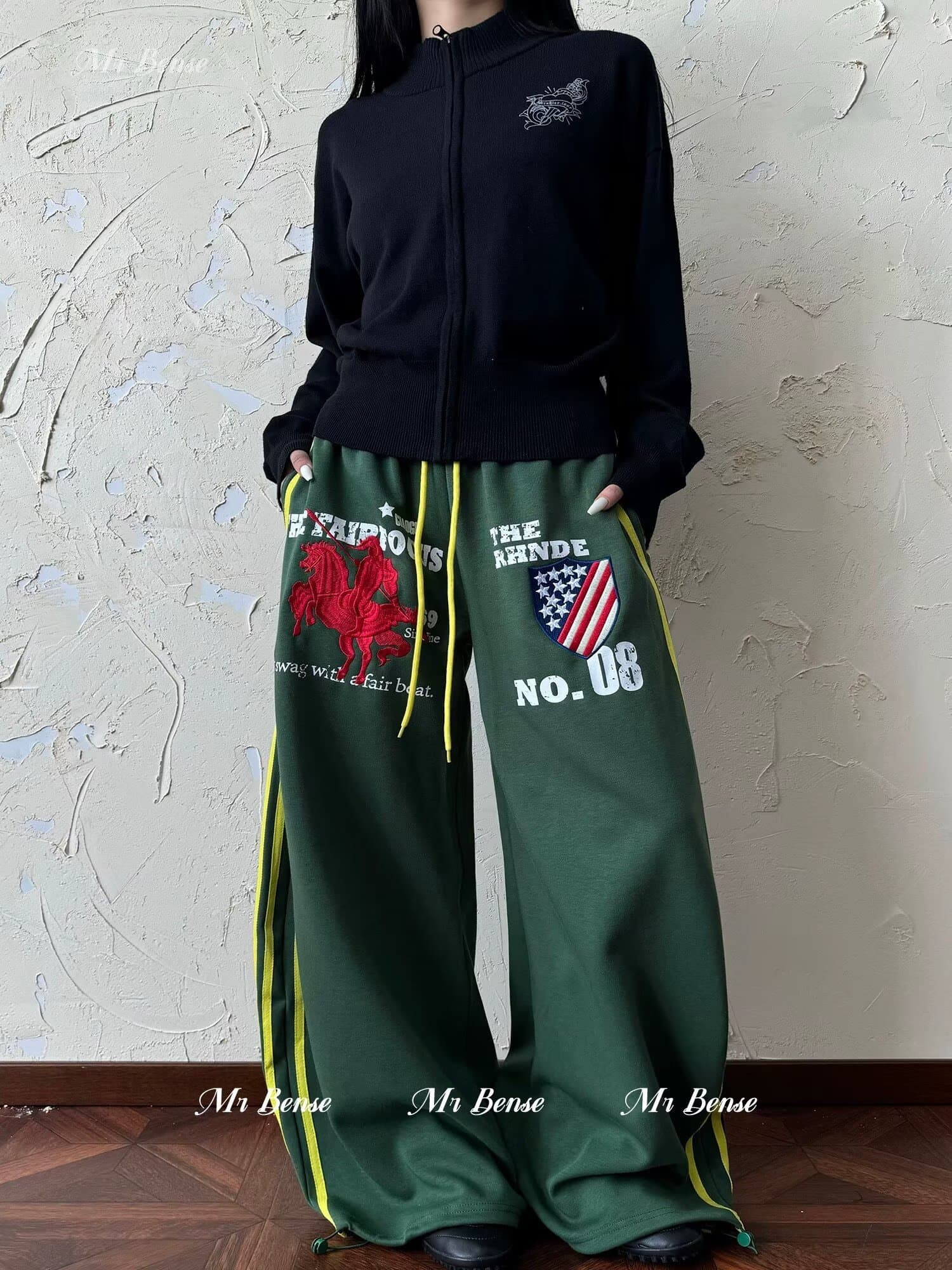 아메리칸 전쟁 말 자수 허리밴드 운동 웨이 바지 남녀 루즈핏 스트레이트 다용도 baggy 바지 이미지 3