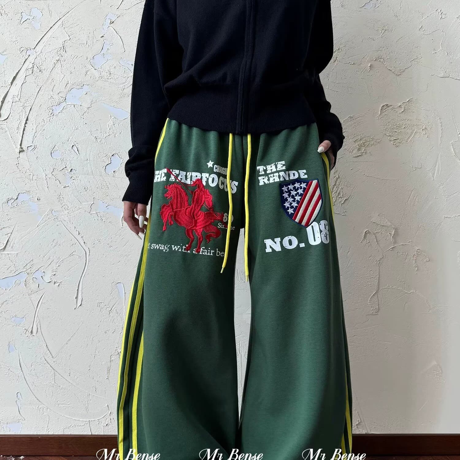 아메리칸 전쟁 말 자수 허리밴드 운동 웨이 바지 남녀 루즈핏 스트레이트 다용도 baggy 바지 이미지 5