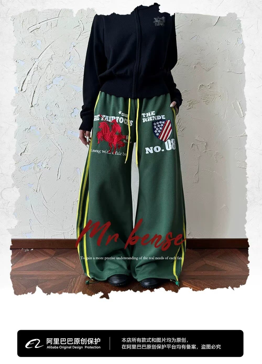 아메리칸 전쟁 말 자수 허리밴드 운동 웨이 바지 남녀 루즈핏 스트레이트 다용도 baggy 바지 상세 이미지 1