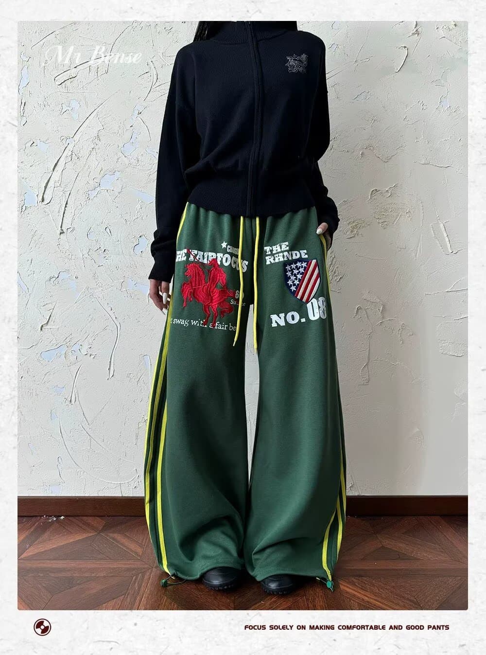 아메리칸 전쟁 말 자수 허리밴드 운동 웨이 바지 남녀 루즈핏 스트레이트 다용도 baggy 바지 상세 이미지 7