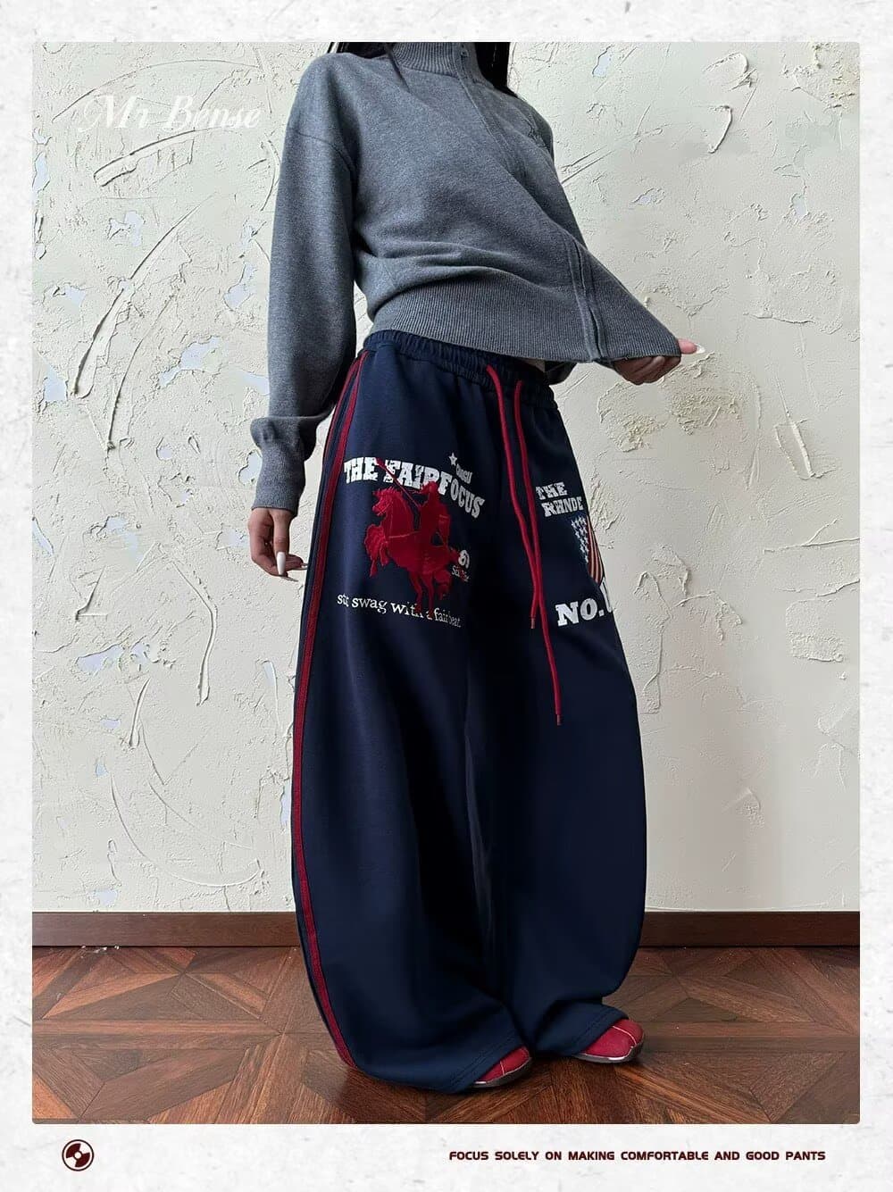 아메리칸 전쟁 말 자수 허리밴드 운동 웨이 바지 남녀 루즈핏 스트레이트 다용도 baggy 바지 상세 이미지 8