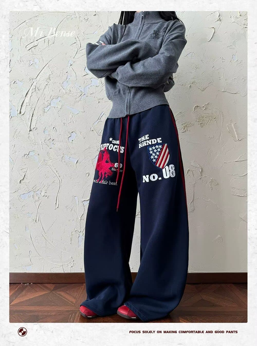 아메리칸 전쟁 말 자수 허리밴드 운동 웨이 바지 남녀 루즈핏 스트레이트 다용도 baggy 바지 상세 이미지 9