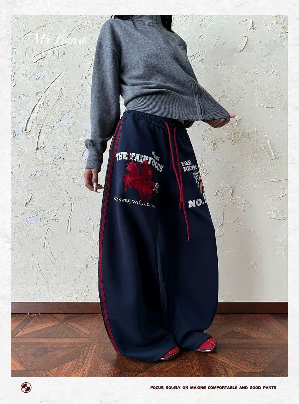아메리칸 전쟁 말 자수 허리밴드 운동 웨이 바지 남녀 루즈핏 스트레이트 다용도 baggy 바지 상세 이미지 11