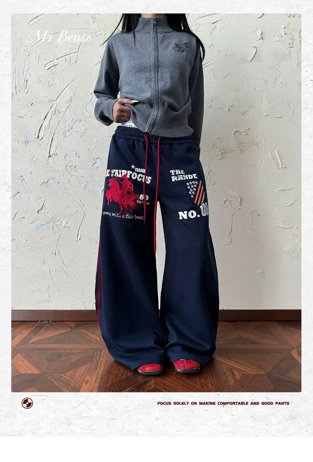 아메리칸 전쟁 말 자수 허리밴드 운동 웨이 바지 남녀 루즈핏 스트레이트 다용도 baggy 바지 상세 이미지 12