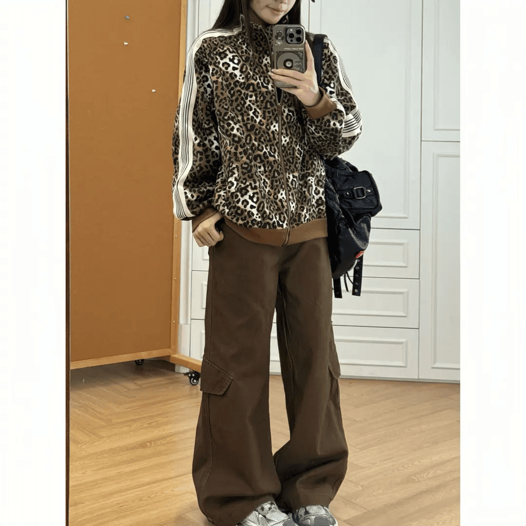 2026 봄 가을 새로운 레오파드 무늬 터틀넥 오픈 가디건 후드티 재킷 고급 센스 거리 캐주얼 이미지 2