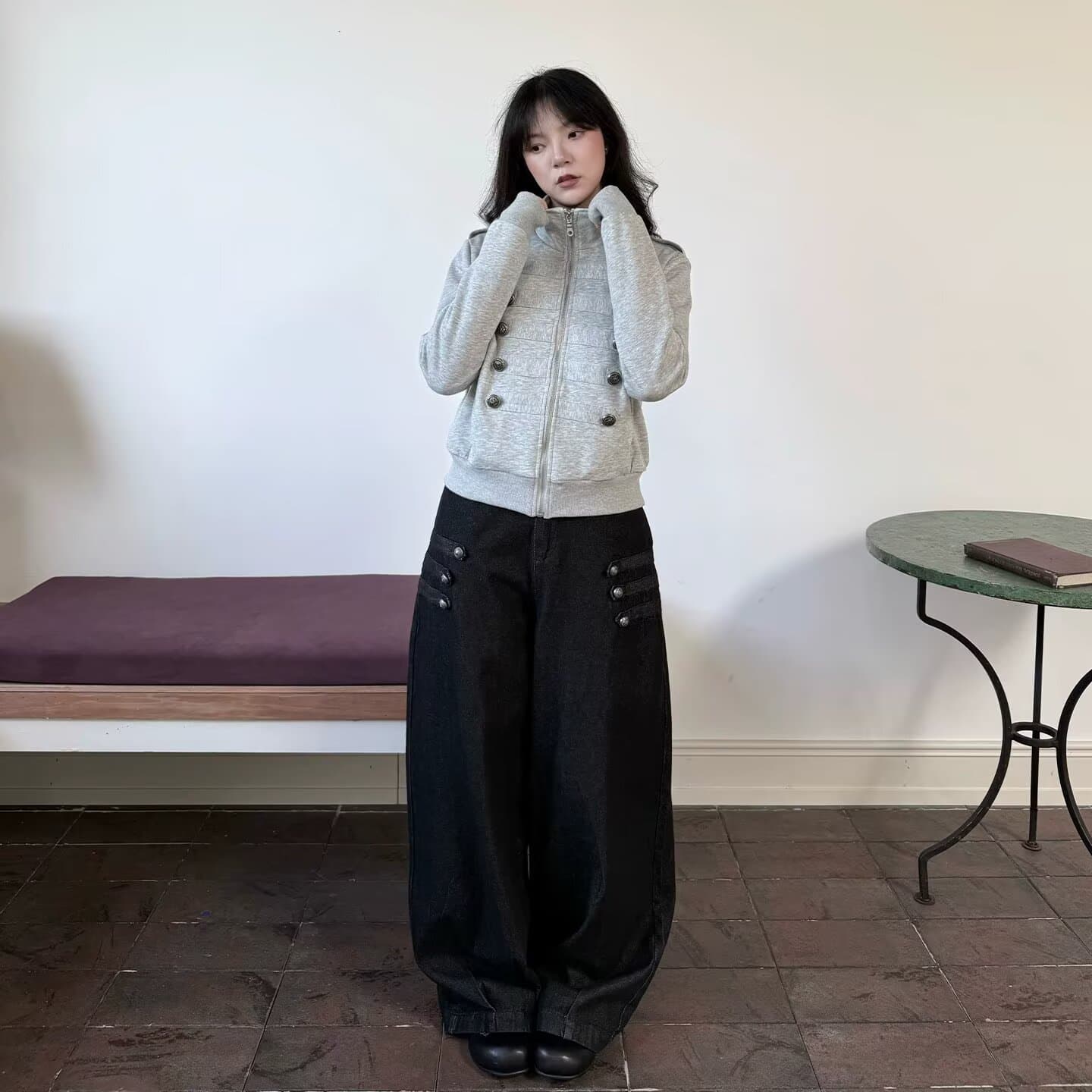 스탠드 칼라 이중 버튼 나폴레옹 지퍼 재킷 남녀 레트로 쇼트 스타일 재킷 금속 버클 재킷 이미지 2