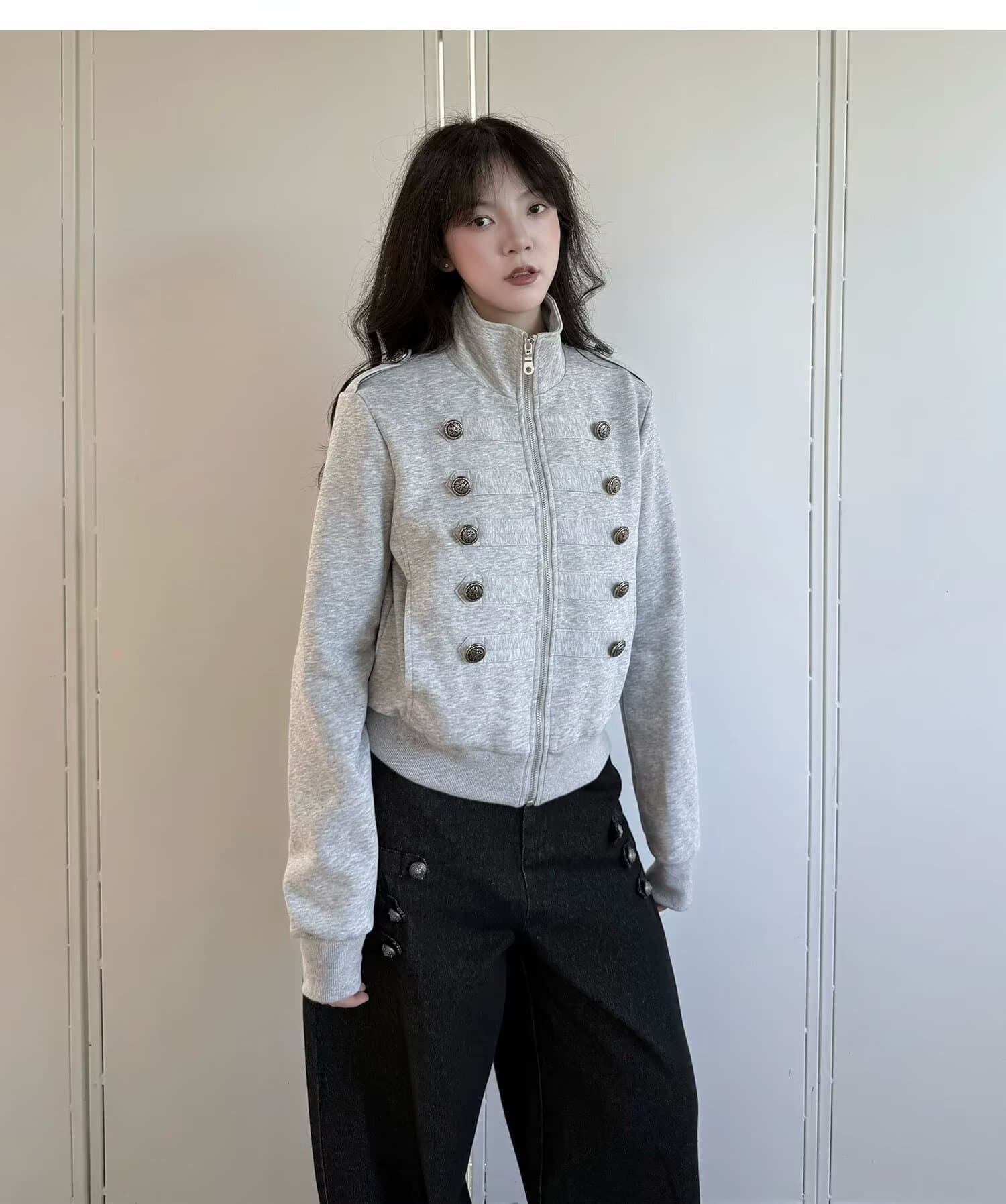 스탠드 칼라 이중 버튼 나폴레옹 지퍼 재킷 남녀 레트로 쇼트 스타일 재킷 금속 버클 재킷 상세 이미지 4