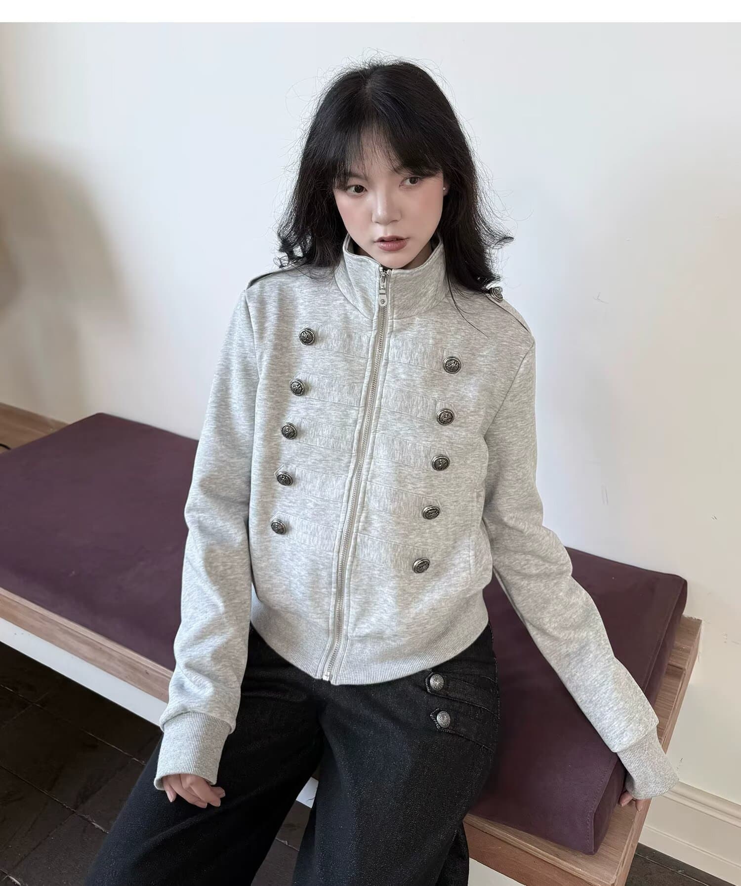 스탠드 칼라 이중 버튼 나폴레옹 지퍼 재킷 남녀 레트로 쇼트 스타일 재킷 금속 버클 재킷 상세 이미지 10