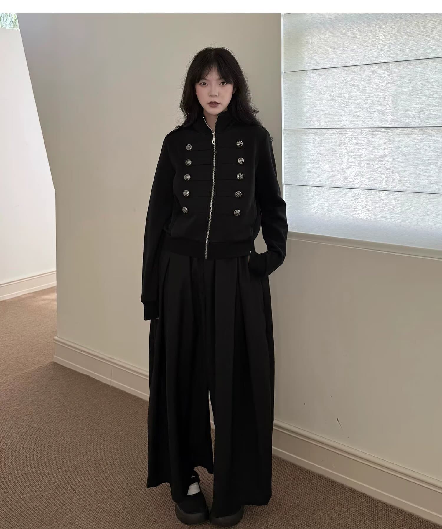 스탠드 칼라 이중 버튼 나폴레옹 지퍼 재킷 남녀 레트로 쇼트 스타일 재킷 금속 버클 재킷 상세 이미지 14