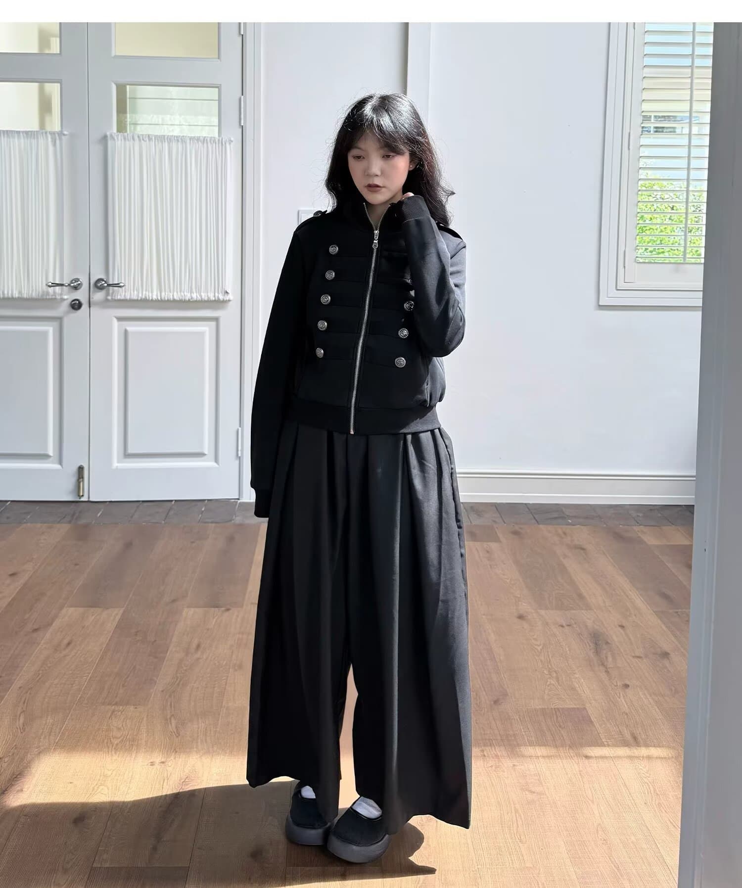 스탠드 칼라 이중 버튼 나폴레옹 지퍼 재킷 남녀 레트로 쇼트 스타일 재킷 금속 버클 재킷 상세 이미지 15