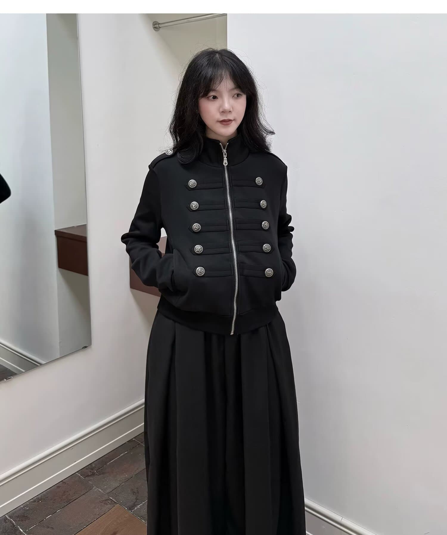 스탠드 칼라 이중 버튼 나폴레옹 지퍼 재킷 남녀 레트로 쇼트 스타일 재킷 금속 버클 재킷 상세 이미지 16