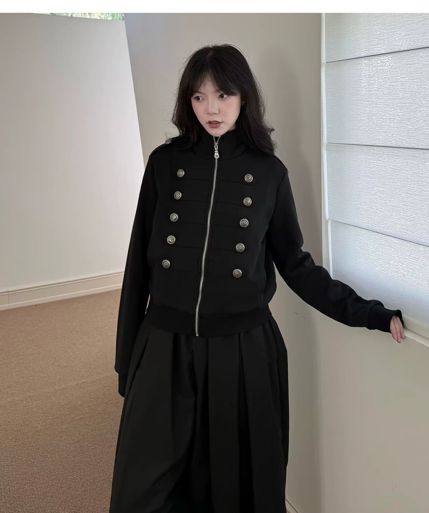 스탠드 칼라 이중 버튼 나폴레옹 지퍼 재킷 남녀 레트로 쇼트 스타일 재킷 금속 버클 재킷 상세 이미지 20