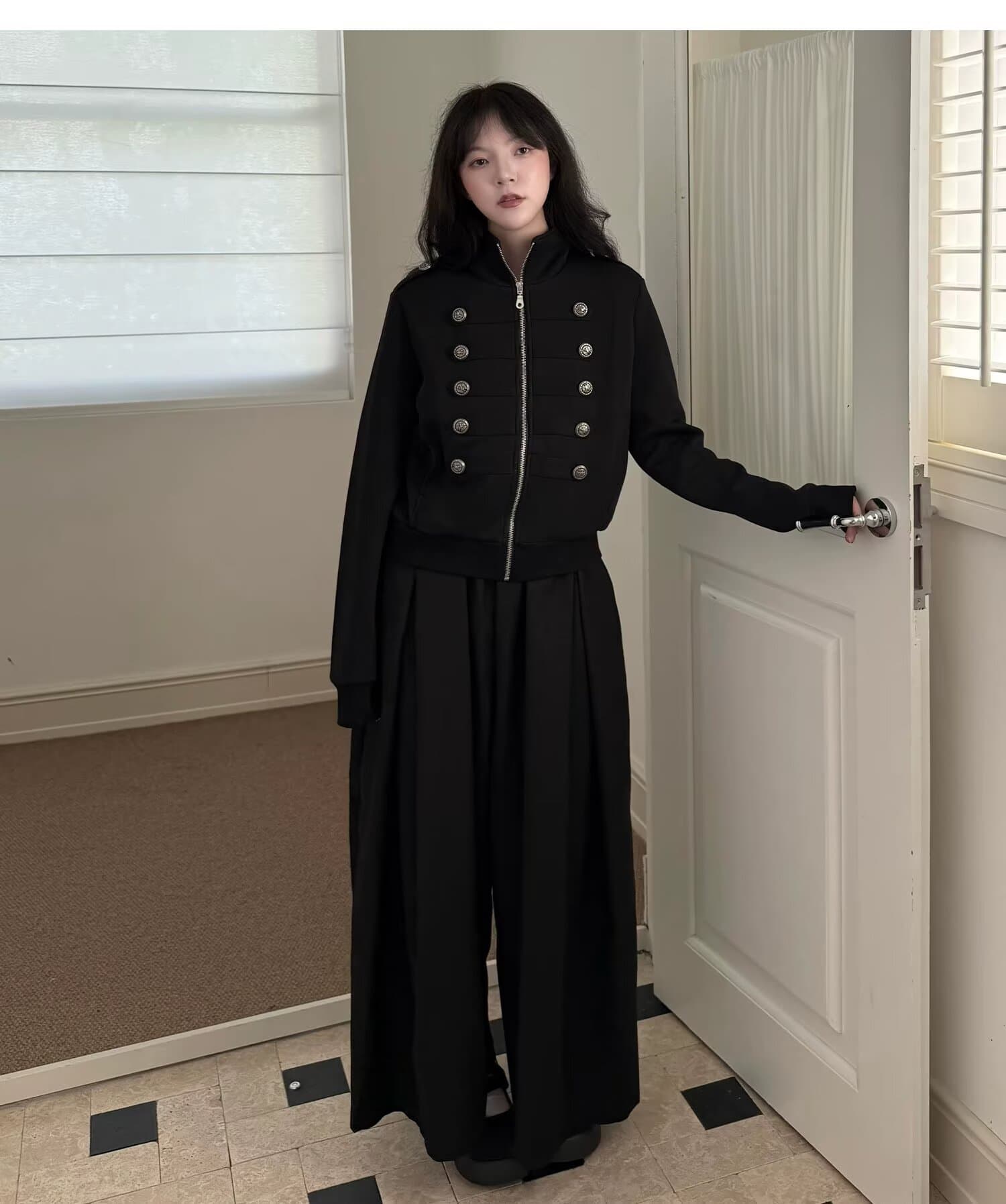 스탠드 칼라 이중 버튼 나폴레옹 지퍼 재킷 남녀 레트로 쇼트 스타일 재킷 금속 버클 재킷 상세 이미지 21