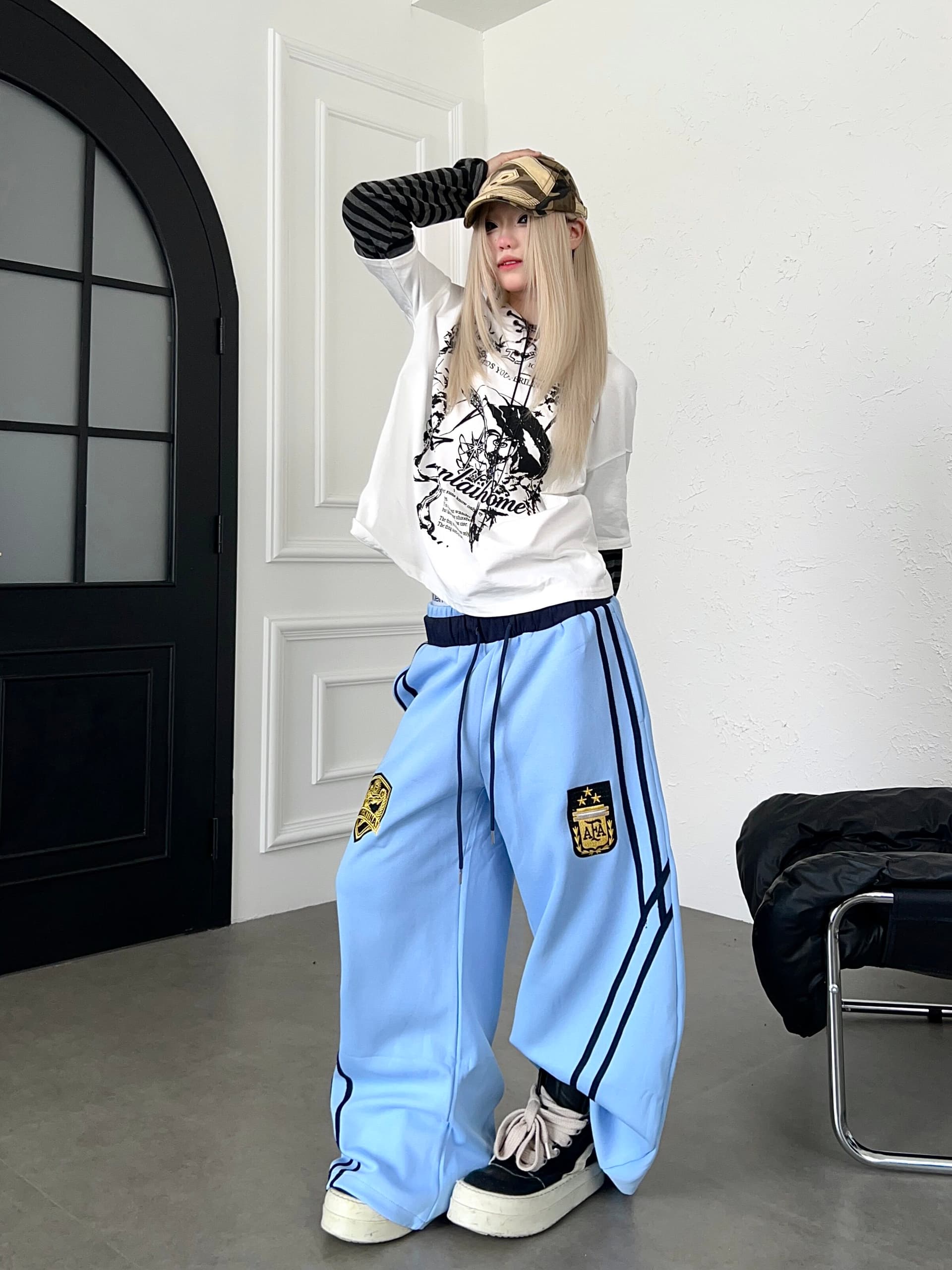 아메리칸 레트로 방패 자수 더블 허리 머리 캐주얼 바지 스트라이프 넓은 다리 모통이 칼 길다 웨이 바지 상세 이미지 34