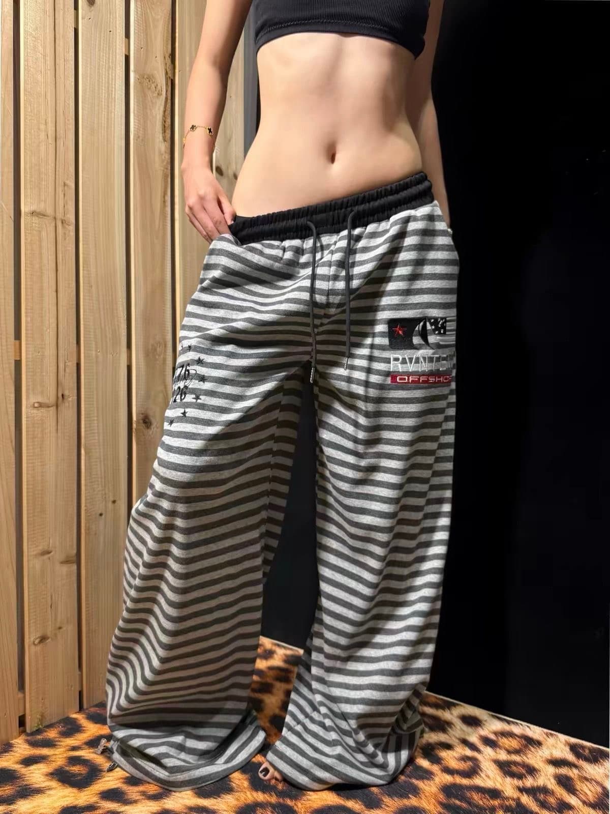 아메리칸 레트로 자수 배색 스트라이프 웨이 바지 여성 핫걸 봄 가을 루즈핏 넓은 다리 스트리트 댄스 운동 캐주얼 바지 트렌디 이미지 3