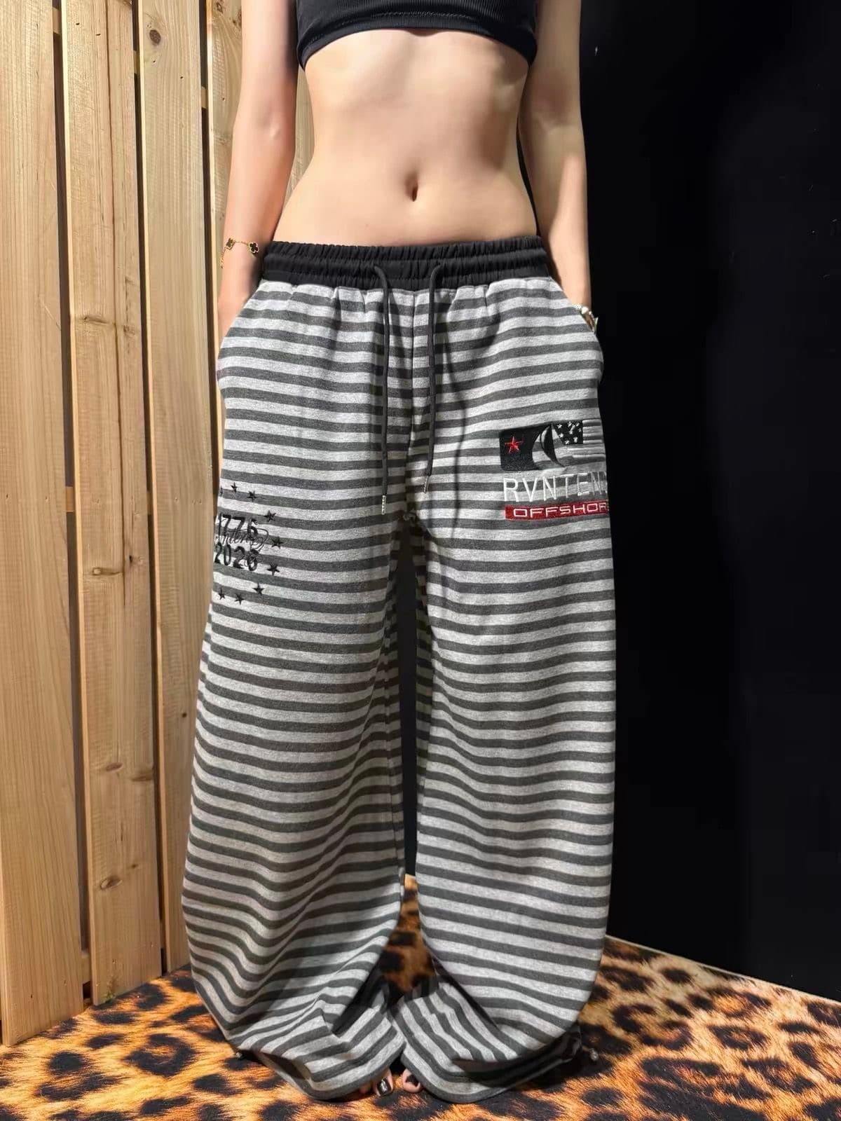 아메리칸 레트로 자수 배색 스트라이프 웨이 바지 여성 핫걸 봄 가을 루즈핏 넓은 다리 스트리트 댄스 운동 캐주얼 바지 트렌디 상세 이미지 1