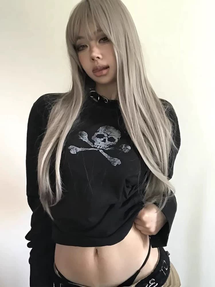 아메리칸 y2k 해골 긴팔 티셔츠 여성 디자인 센스 모통이 칼 주름 기본 셔츠 검정색 이문화 맨위 상세 이미지 2