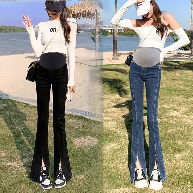 임산부 청바지 봄과 가을 외출용 하이웨이스트 복부 지지 트임 넓은 다리 나팔 바지 긴 바지