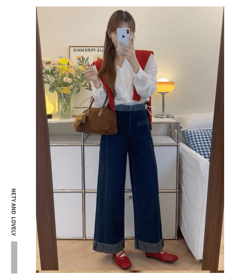 임산부 청바지 가을 새로운 펌프 로프 뒤집다 측면 스트레이트 팬츠 와이드 레그 팬츠 루즈핏 높은 탄력성 없음 복부 지지 청바지 상세 이미지 6