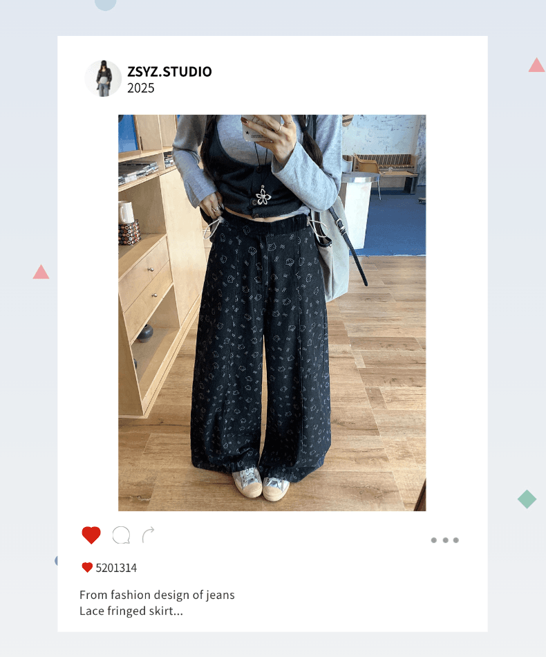 임산부 청바지 한 부서 만화 kt 프린트 넓은 다리 캐주얼 바지 연령 감소 다용도 하이웨이스트 루즈핏 도루 센스 긴 바지 상세 이미지 1