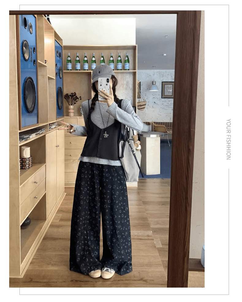 임산부 청바지 한 부서 만화 kt 프린트 넓은 다리 캐주얼 바지 연령 감소 다용도 하이웨이스트 루즈핏 도루 센스 긴 바지 상세 이미지 7