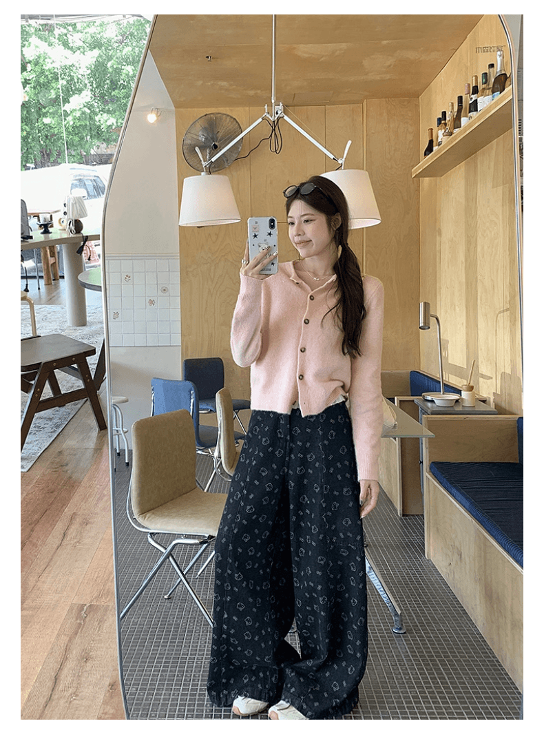 임산부 청바지 한 부서 만화 kt 프린트 넓은 다리 캐주얼 바지 연령 감소 다용도 하이웨이스트 루즈핏 도루 센스 긴 바지 상세 이미지 8