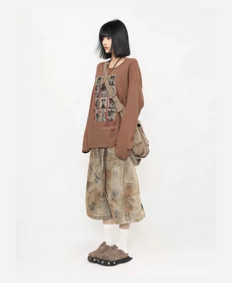 임산부 데님 반바지 여름 아메리칸 레트로 스타일 무거운 작업 워싱 마 오래된 더러운 염색 7부 바지 데님 와이드 레그 팬츠 상세 이미지 12