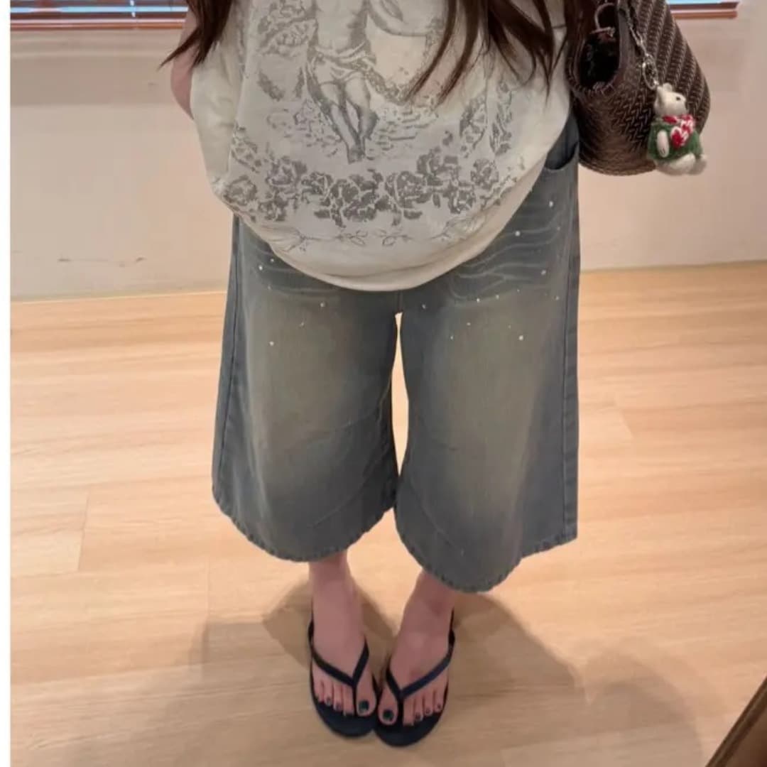 지금 임산부 청바지 여름 얇은 스타일 외출용 7부 바지 무거운 작업 핫픽스 와이드 레그 팬츠 루즈핏 캐주얼 트렌디 엄마 여름 이미지 3
