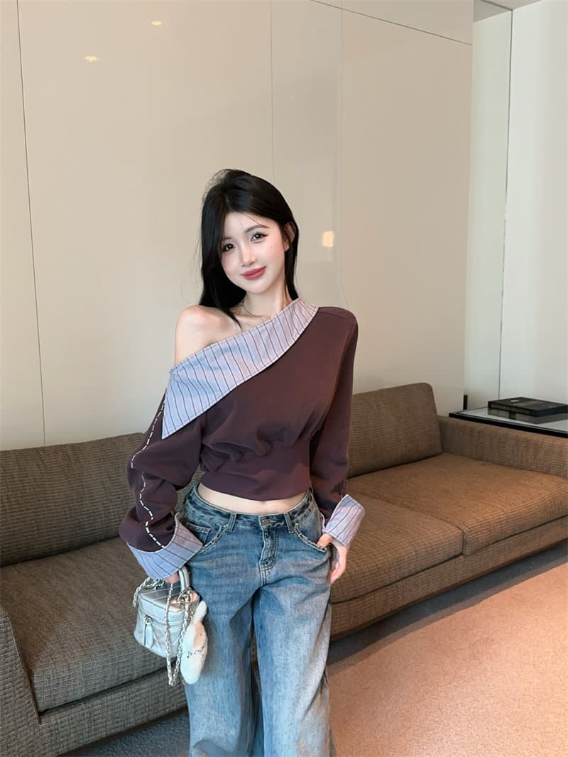 원본 남자 바 면 체크무늬 패치워크 비스듬한 칼라 긴팔 후드티 여성 허리 수축 슬림해 보이는 쇼트 스타일 순수한 욕망 맨위 상세 이미지 1