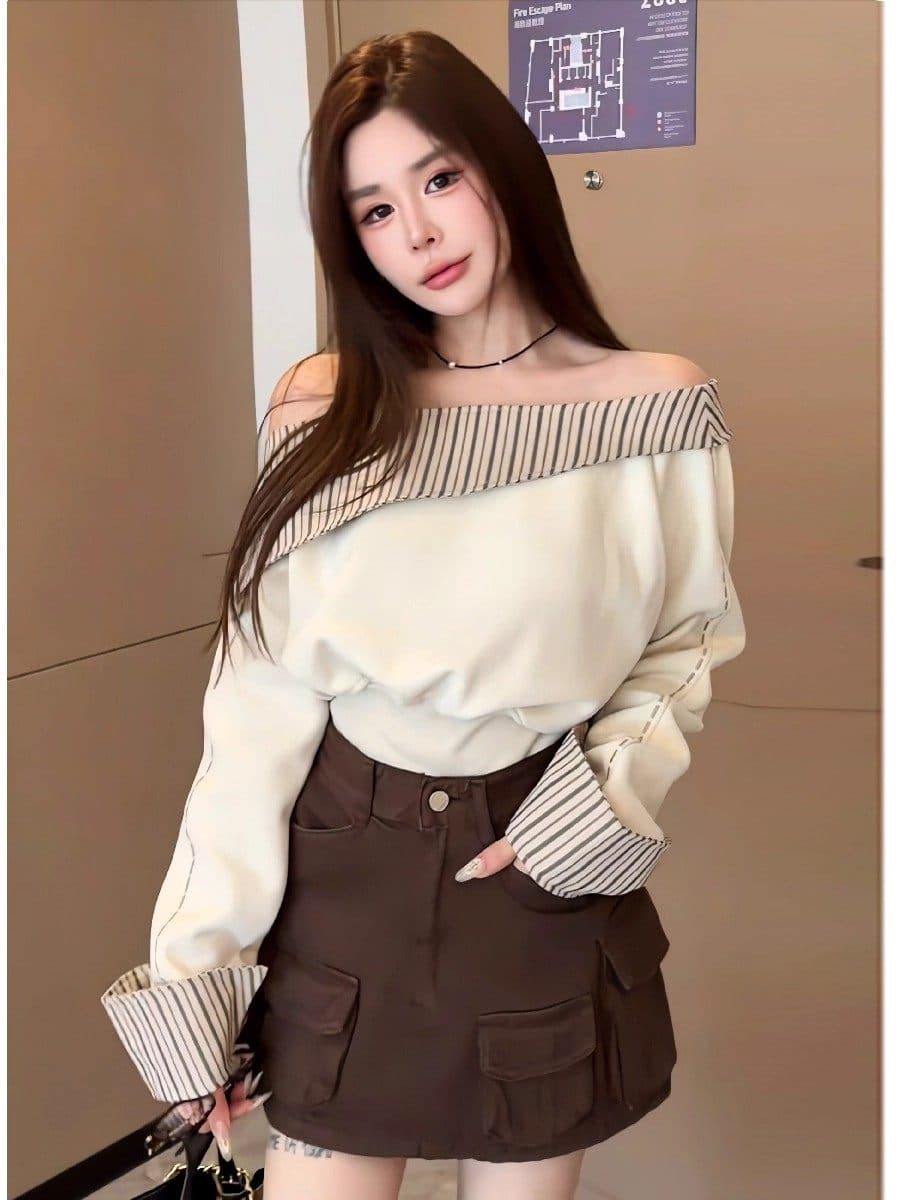 원본 남자 바 면 체크무늬 패치워크 비스듬한 칼라 긴팔 후드티 여성 허리 수축 슬림해 보이는 쇼트 스타일 순수한 욕망 맨위 상세 이미지 4