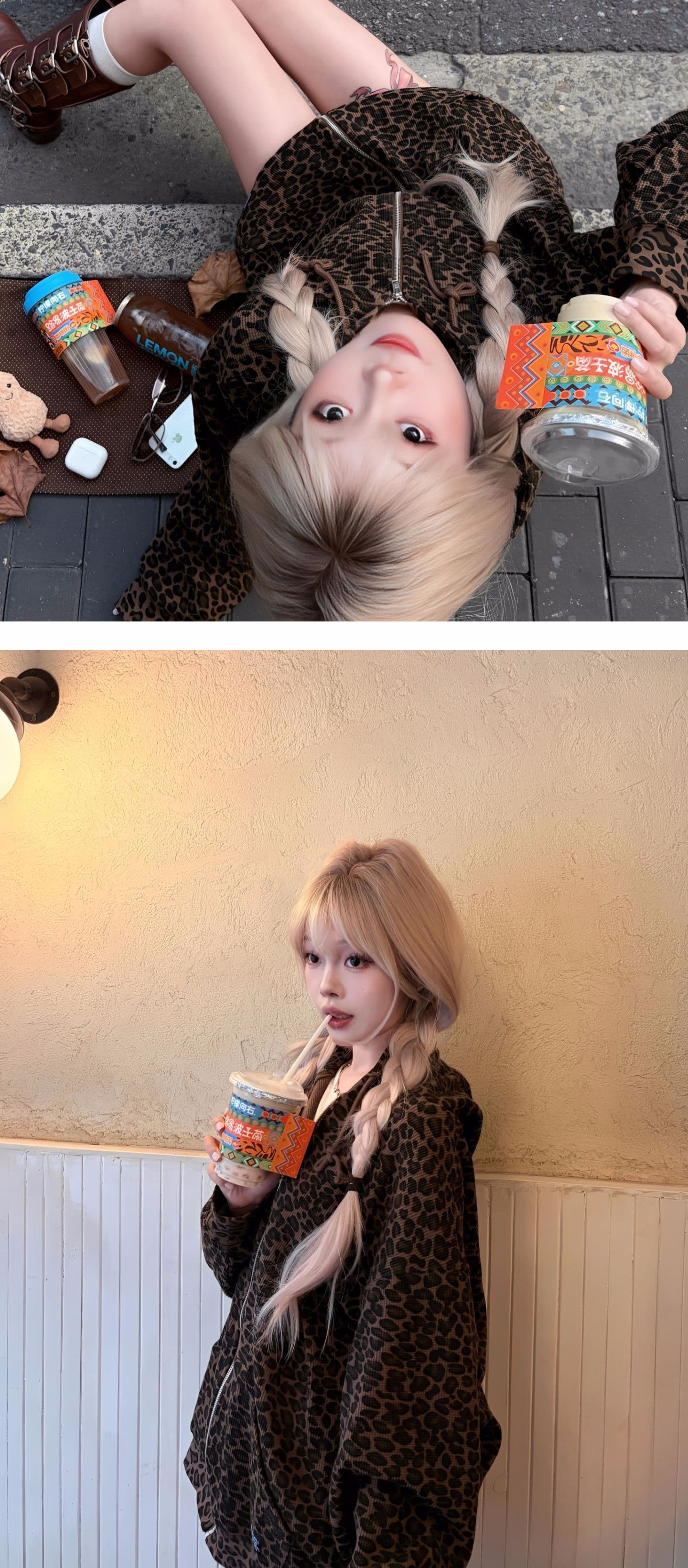 후아 남편 그리드 복합 아메리칸 레트로 레오파드 무늬 후드티 여성 디자인 센스 작은 대중 카디건 코트 조수 브랜드 ins 상세 이미지 5