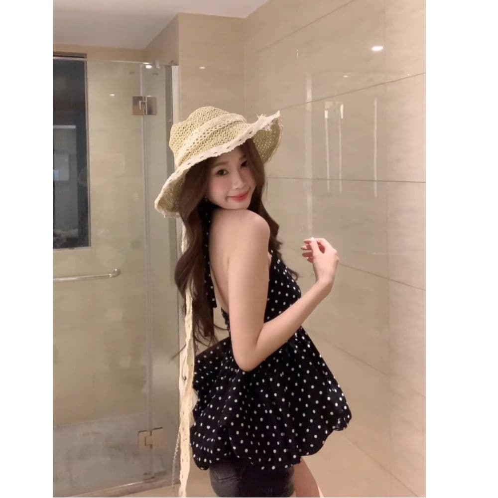 원본 원단 있음 네리 도트 무늬 V넥 행침 목 캐미솔 여름 핫걸 허리 수축 슬림해 보이는 맨위 이미지 4