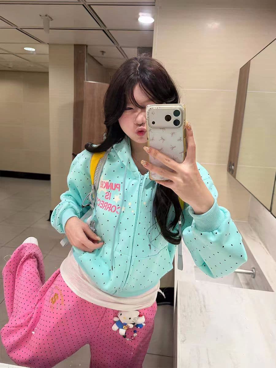 얇은 스타일 원본 솜씨 도트 무늬 프린트 이후 패키지 칼라 순수한 Mianhua 면 복합 지퍼 재킷 이미지 2