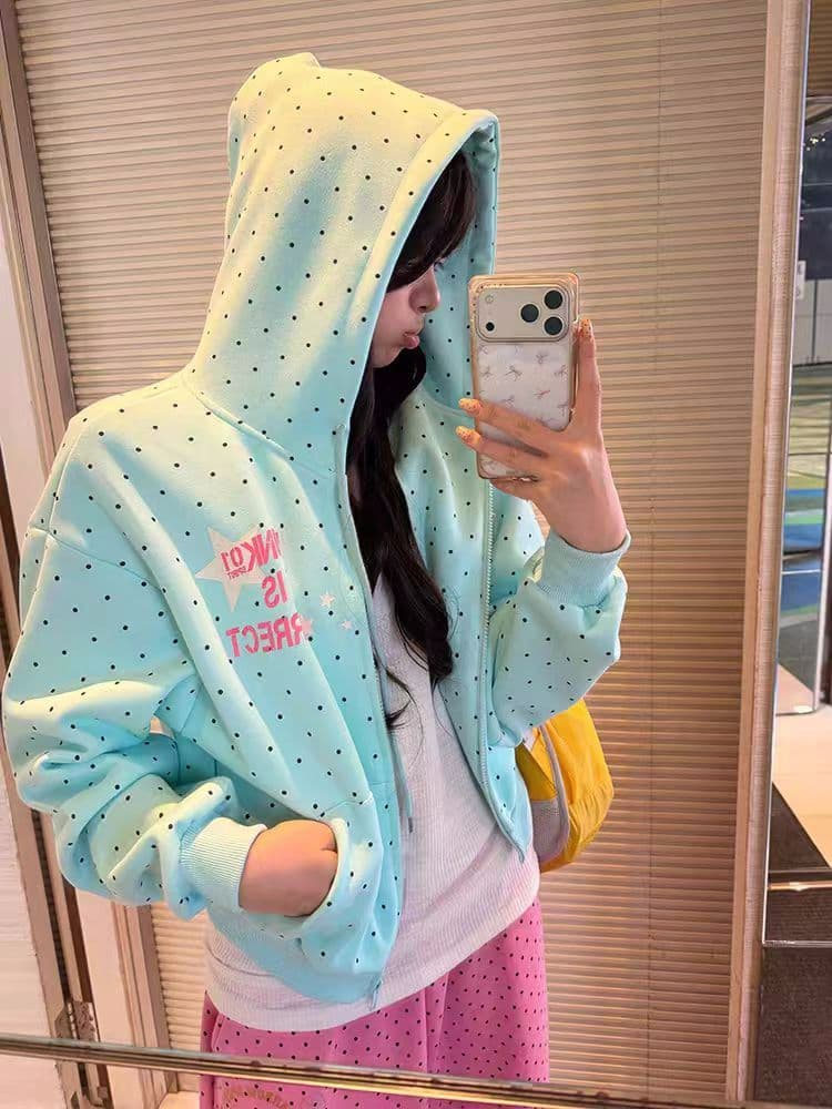 얇은 스타일 원본 솜씨 도트 무늬 프린트 이후 패키지 칼라 순수한 Mianhua 면 복합 지퍼 재킷 상세 이미지 3